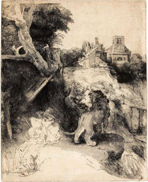 Saint Jerome Lisant Dans Un Paysage Italien Oil Painting by Rembrandt Van Rijn