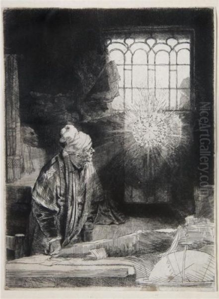 Faust In His Study, Watching A Magic Disk Oil Painting by Rembrandt Van Rijn