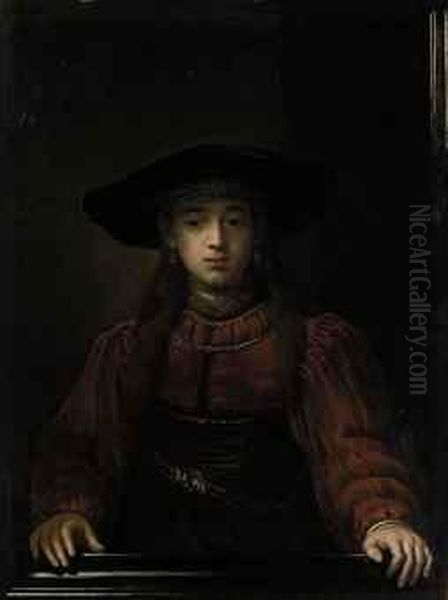 Portrait Of A Young Girl, 
Half-length, In A Red Dress With Fur Trim, A Buckled Corset And Fur Hat Oil Painting by Rembrandt Van Rijn