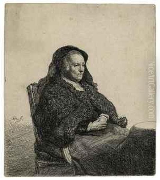 The Artist's Mother Seated At A Table Looking Right Oil Painting by Rembrandt Van Rijn