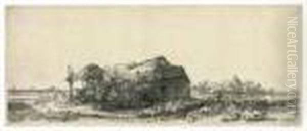 Landscape With A Cottage And Hay Barn: Oblong Oil Painting by Rembrandt Van Rijn