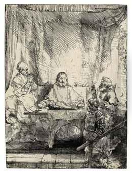 Christ At Emmaus: Large Plate Oil Painting by Rembrandt Van Rijn