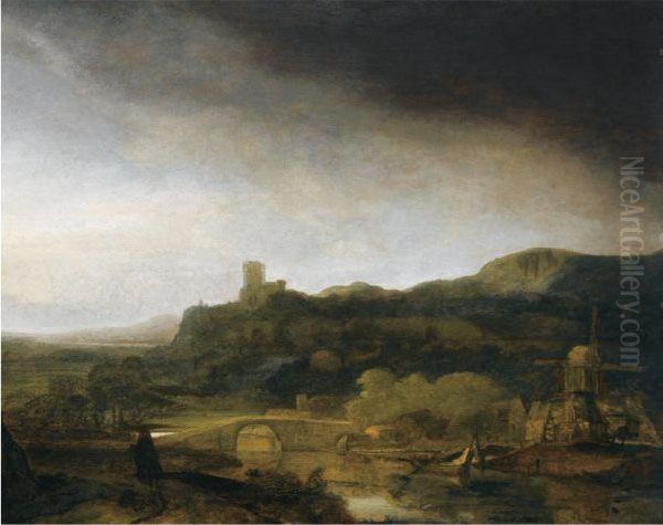 An Extensive River Landscape 
With A Windmill And A Traveller Onhorseback On A Path, Ruins Beyond Oil Painting by Rembrandt Van Rijn