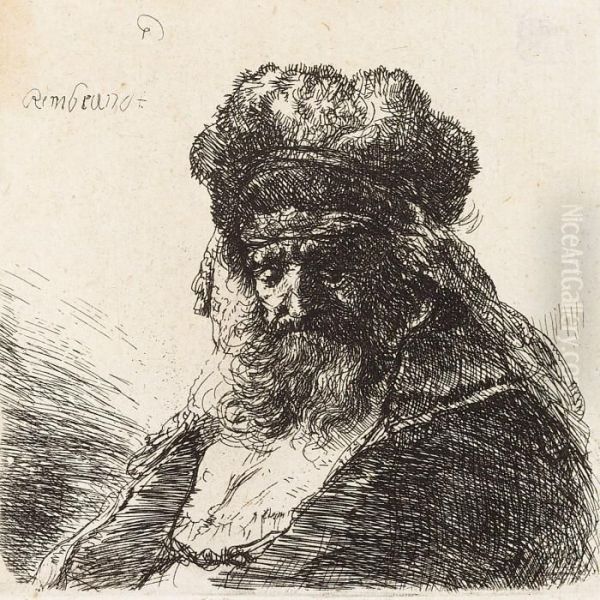 Old Bearded Man In A High Fur Cap Oil Painting by Rembrandt Van Rijn