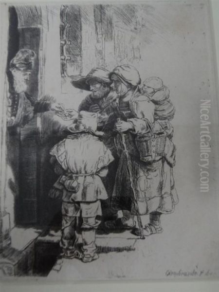 Beggars Receiving Alms At The Door Of A House Oil Painting by Rembrandt Van Rijn