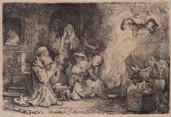 L'ange Qui Disparait Devant La Famille De Tobie Oil Painting by Rembrandt Van Rijn