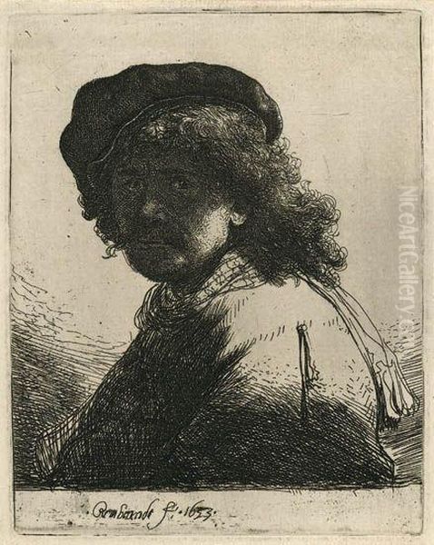 Self Portrait In A Cap And Scarf With The Face Dark: Bust Oil Painting by Rembrandt Van Rijn