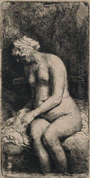 Woman Bather Her Feet At A Brook Oil Painting by Rembrandt Van Rijn