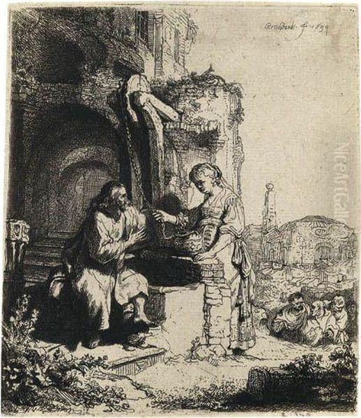 Christ And The Woman Of Samaria Among Ruins Oil Painting by Rembrandt Van Rijn