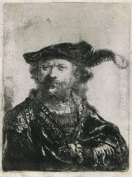 Self Portrait In A Velvet Cap And Plume Oil Painting by Rembrandt Van Rijn