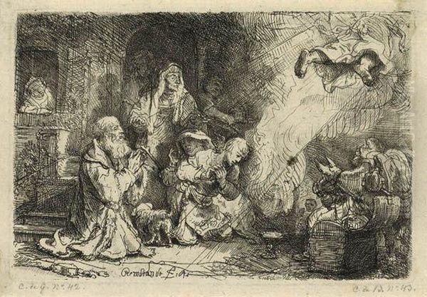 The Angel Departing From The Family Of Tobias Oil Painting by Rembrandt Van Rijn