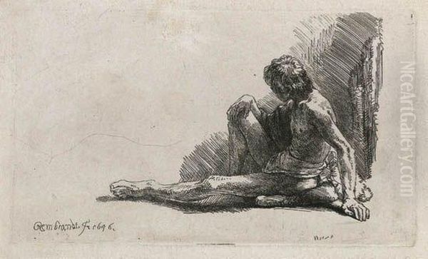 Nude Man Seated On The Ground With One Leg Extended Oil Painting by Rembrandt Van Rijn