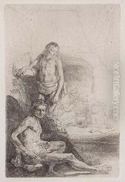 Nude Man Seated And Another Standing With Awoman And A Baby Oil Painting by Rembrandt Van Rijn