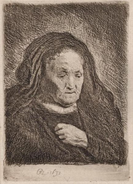 The Artist's Mother With Her Hand On Her Chest, Small Bust Oil Painting by Rembrandt Van Rijn