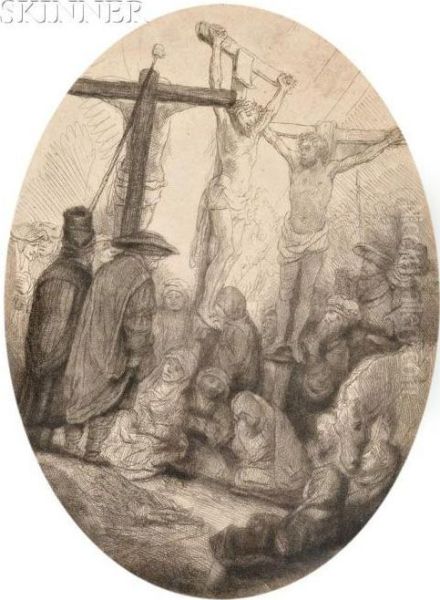 Christ Crucified Between The Two Thieves: An Ovalplate Oil Painting by Rembrandt Van Rijn