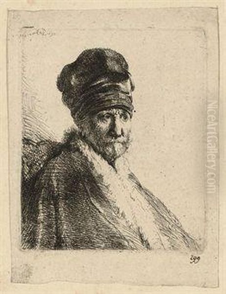 Bust Of A Man Wearing A High Cap, Three-quarters Right: The Artist's Father? Oil Painting by Rembrandt Van Rijn