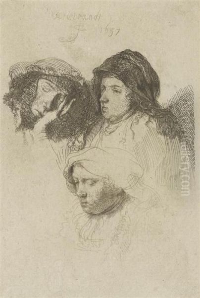 Three Heads Of Women, One Asleep Oil Painting by Rembrandt Van Rijn