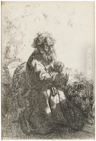 Saint Jerome Kneeling In Prayer, Looking Down Oil Painting by Rembrandt Van Rijn