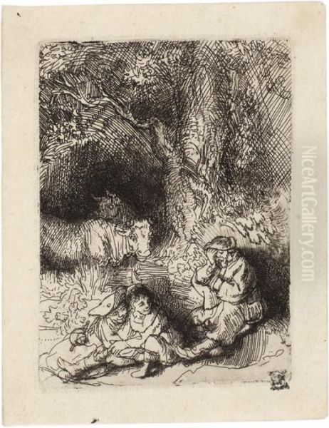 Das Parchen Und Der Schlafende Hirt Oil Painting by Rembrandt Van Rijn