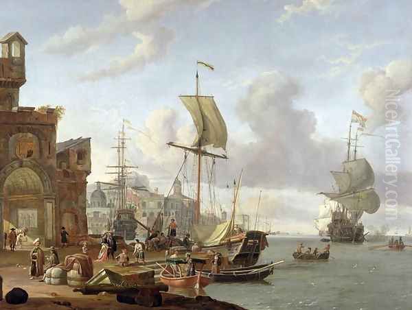 A capriccio Mediterranean harbour scene, 1678 Oil Painting by Abraham Storck