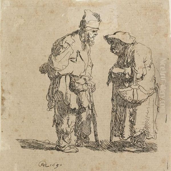 Beggar Man And Woman Conversing Oil Painting by Rembrandt Van Rijn