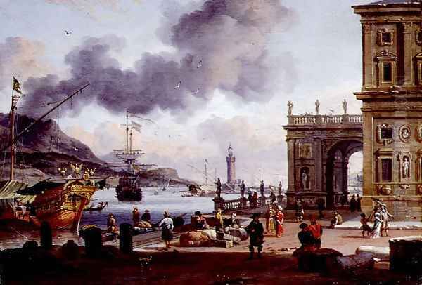 A Mediterranean Harbour Scene Oil Painting by Abraham Storck