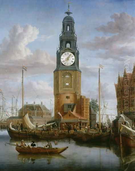 View of the Haringspacker Tower in Amsterdam, with a working clock-face set into the painting, 1684 Oil Painting by Abraham Storck