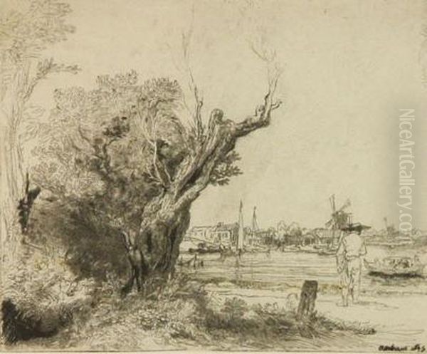 Seaside Town With Tree Stump Oil Painting by Rembrandt Van Rijn