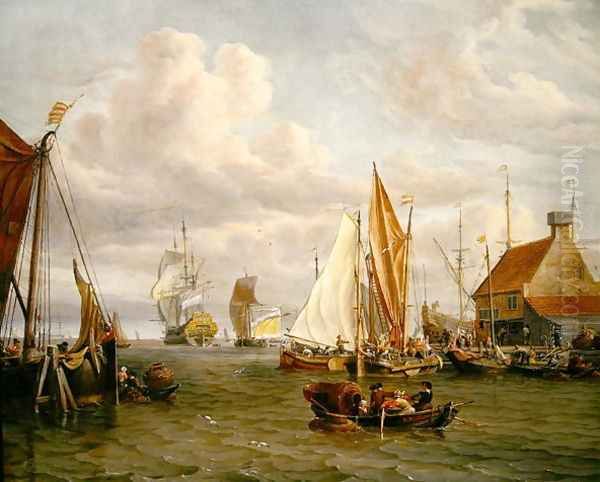 Dutch Men of War and Fishing Boats in a Port Oil Painting by Abraham Storck