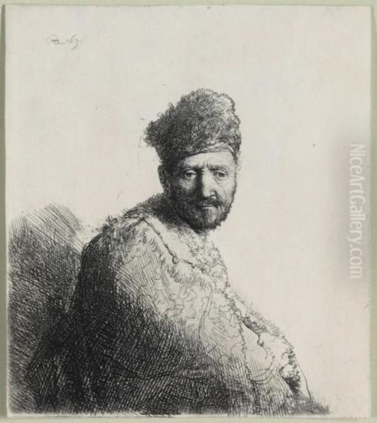 A Bearded Man, In A Furred Oriental Cap And Robe: The Artist'sfather Oil Painting by Rembrandt Van Rijn