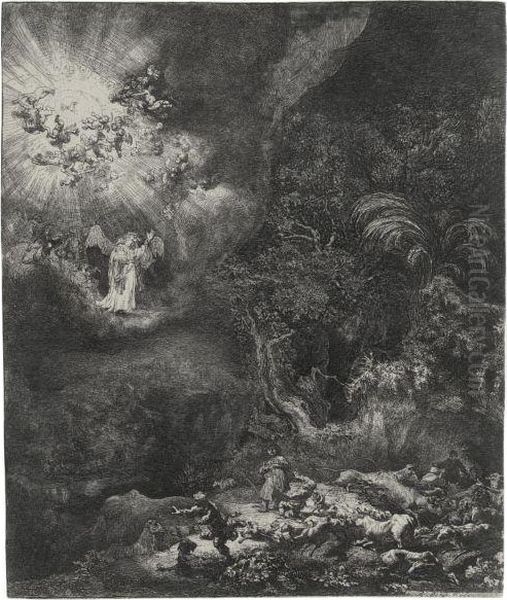 The Angel Appearing To The Shepherds Oil Painting by Rembrandt Van Rijn