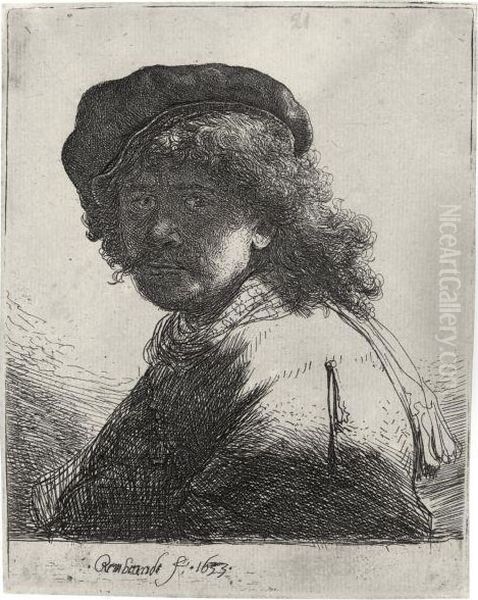 Self Portrait In A Cap And Scarf With The Face Dark: Bust Oil Painting by Rembrandt Van Rijn