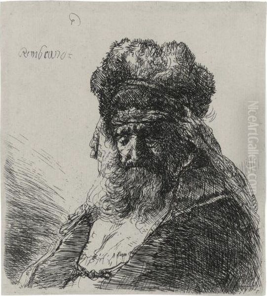 An Old Bearded Man In A High Fur Cap, With Eyes Closed Oil Painting by Rembrandt Van Rijn