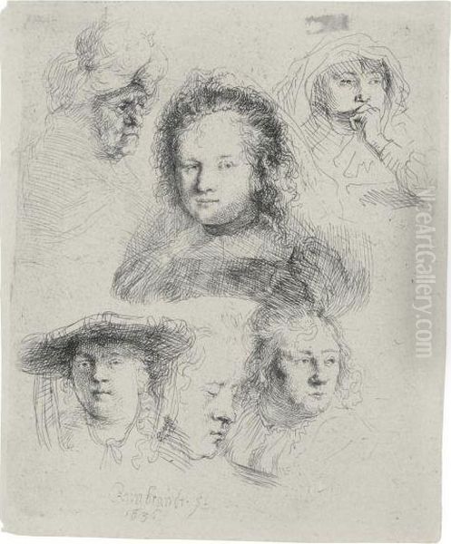 The Head Of Saskia And Other Heads Oil Painting by Rembrandt Van Rijn