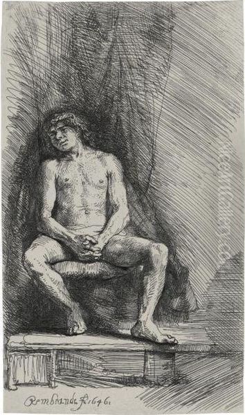 Nude Man Seated Before A Curtain Oil Painting by Rembrandt Van Rijn