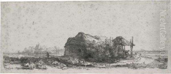 Landscape With A Cottage And Haybarn: Oblong Oil Painting by Rembrandt Van Rijn