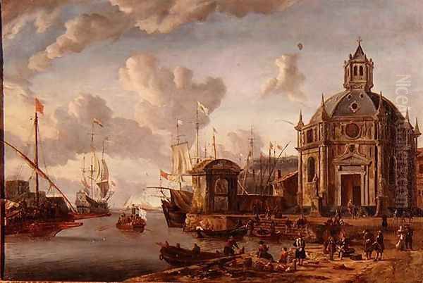 A capriccio Mediterranean harbour with a galley at anchor Oil Painting by Abraham Storck