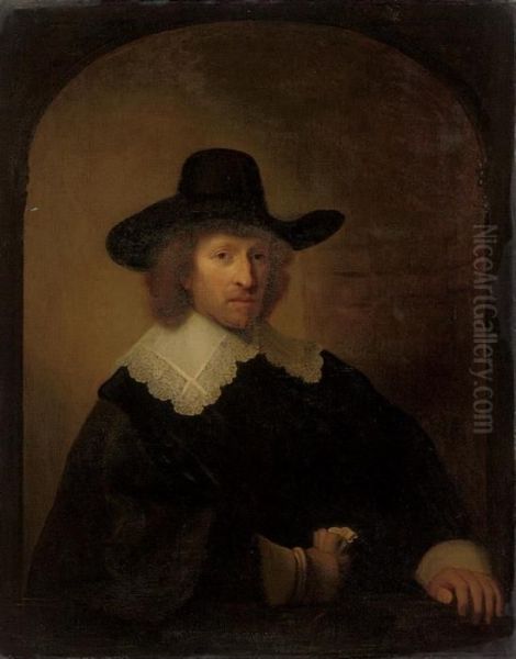 Portrait Of Nicolaas Van 
Bambeeck, Half-length, In Black, A Glovein His Right Hand, At A Casement Oil Painting by Rembrandt Van Rijn