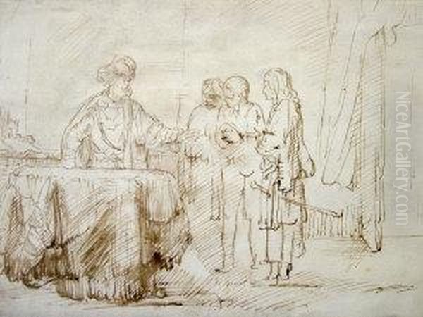 Figures Gathered Before A Nobleman Oil Painting by Rembrandt Van Rijn