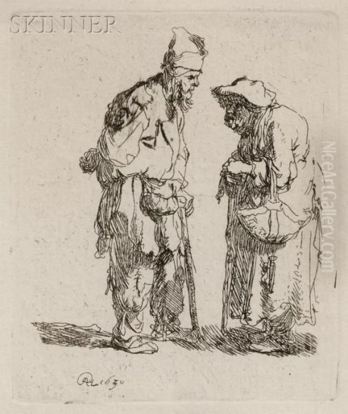 Beggar Man And Woman Conversing Oil Painting by Rembrandt Van Rijn