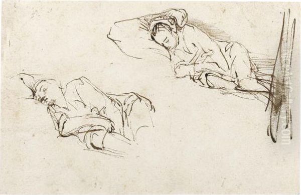 Two Studies Of A Woman Asleep On A Pillow Oil Painting by Rembrandt Van Rijn