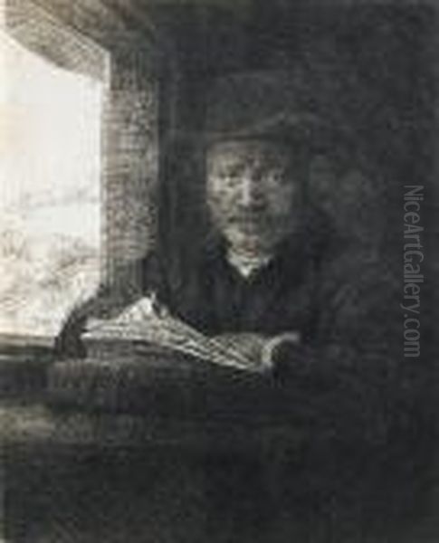 Self Portrait Drawing At A Window Oil Painting by Rembrandt Van Rijn