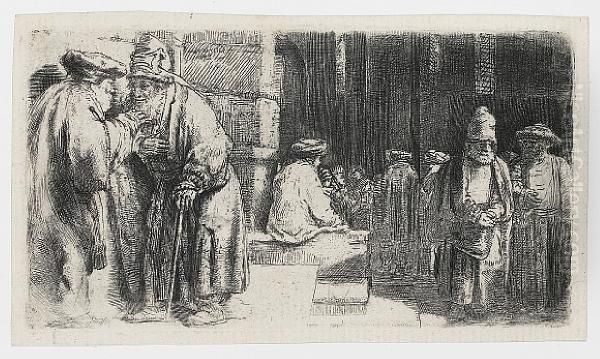 Jews In The Synagogue Oil Painting by Rembrandt Van Rijn