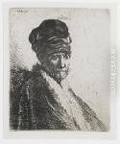 Bust Of A Man Wearing A High Cap, Three Quarters Right: The Artist's Father ? Oil Painting by Rembrandt Van Rijn