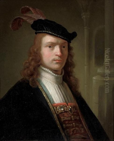 Portrait Of A Gentleman, Half-length, In A Black Robe And Plumed Cap Oil Painting by Rembrandt Van Rijn