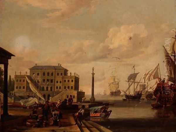 A capriccio of a Mediterranean Harbour with merchants and shipping at anchor Oil Painting by Abraham Storck