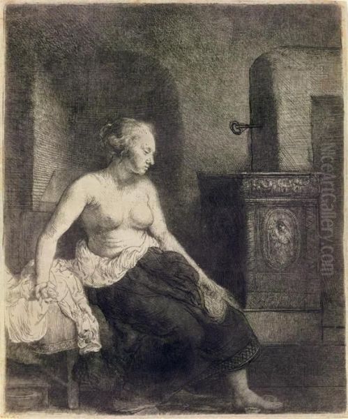 A Woman Sitting Half-dressed Beside A Stove Oil Painting by Rembrandt Van Rijn