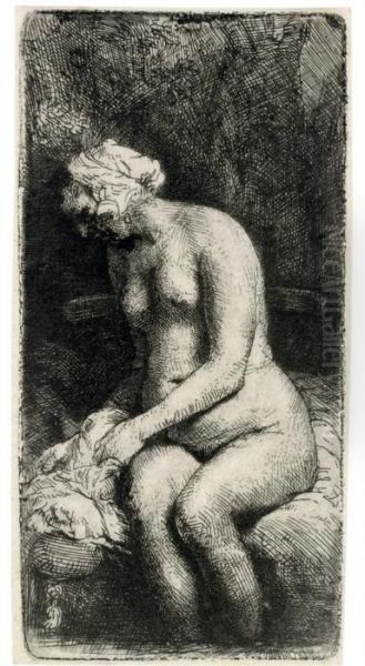 A Woman Bathing Her Feet At A Brook Oil Painting by Rembrandt Van Rijn