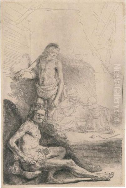 A Nude Man Seated And Another Standing Oil Painting by Rembrandt Van Rijn