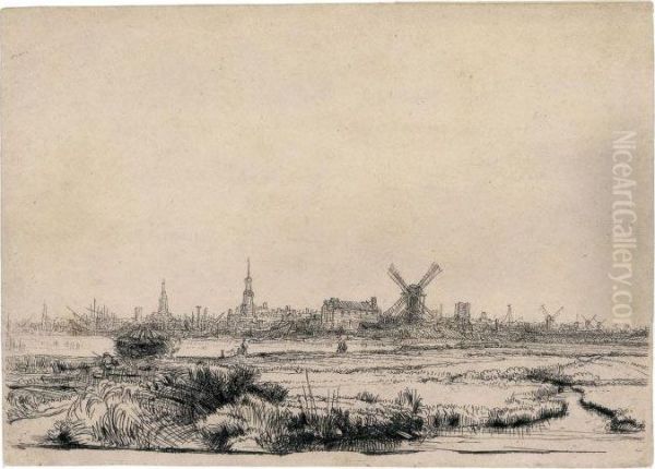 A View Of Amsterdam From The North West Oil Painting by Rembrandt Van Rijn